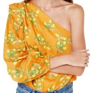 Cami NYC The Lenore Silk Bodysuit One Shoulder Long Sleeve Yellow Citrus S NWT